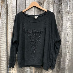 Haute Hippie Cow Skull Rhinestone Sweatshirt